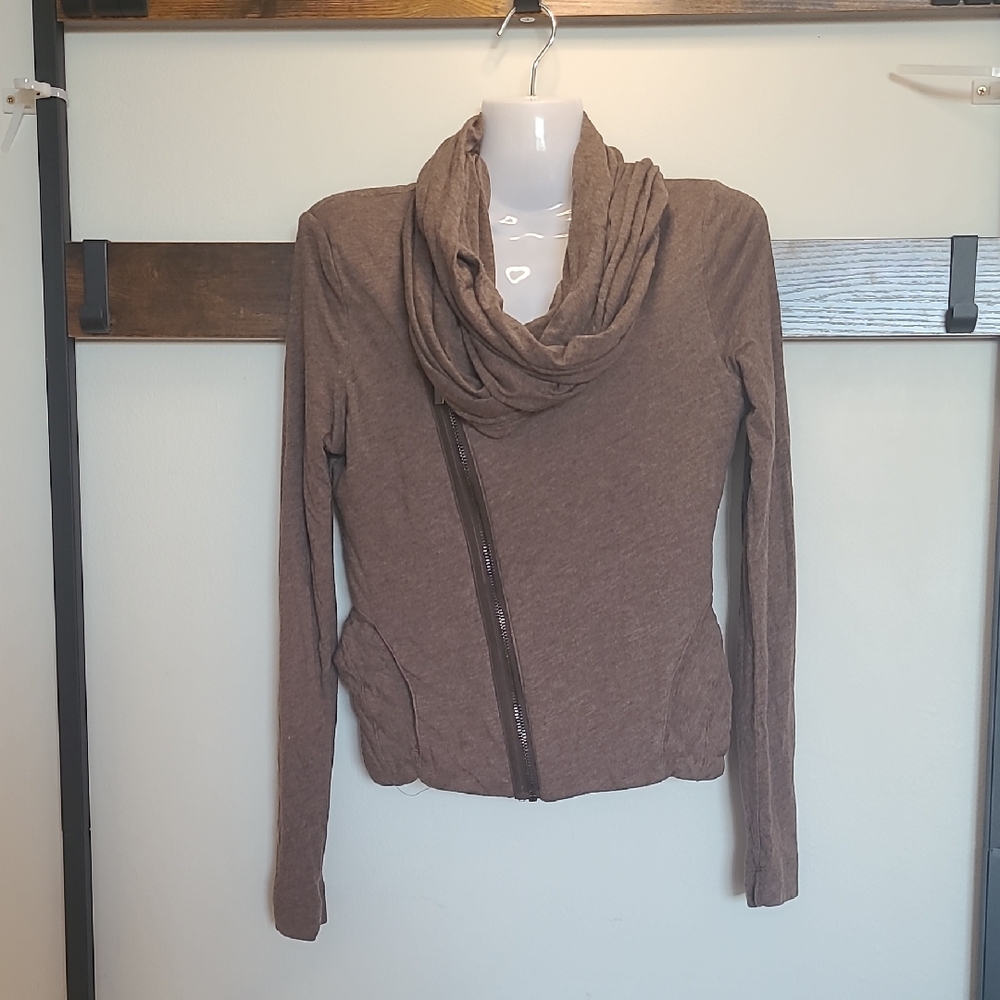 BCBGMaxAzria Moto Assym Zip Wrap Brown Cowl Neck Cardiwrap To Hood Sweater Y2K